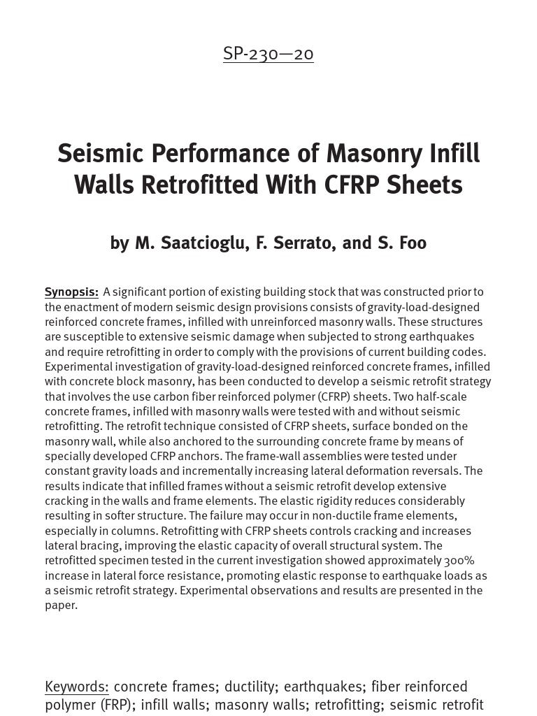 Seismic Performance of Masonry Infill Walls Retrofitted With CFRP ...