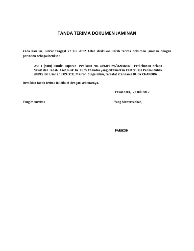 Contoh Surat Penyerahan Pelan