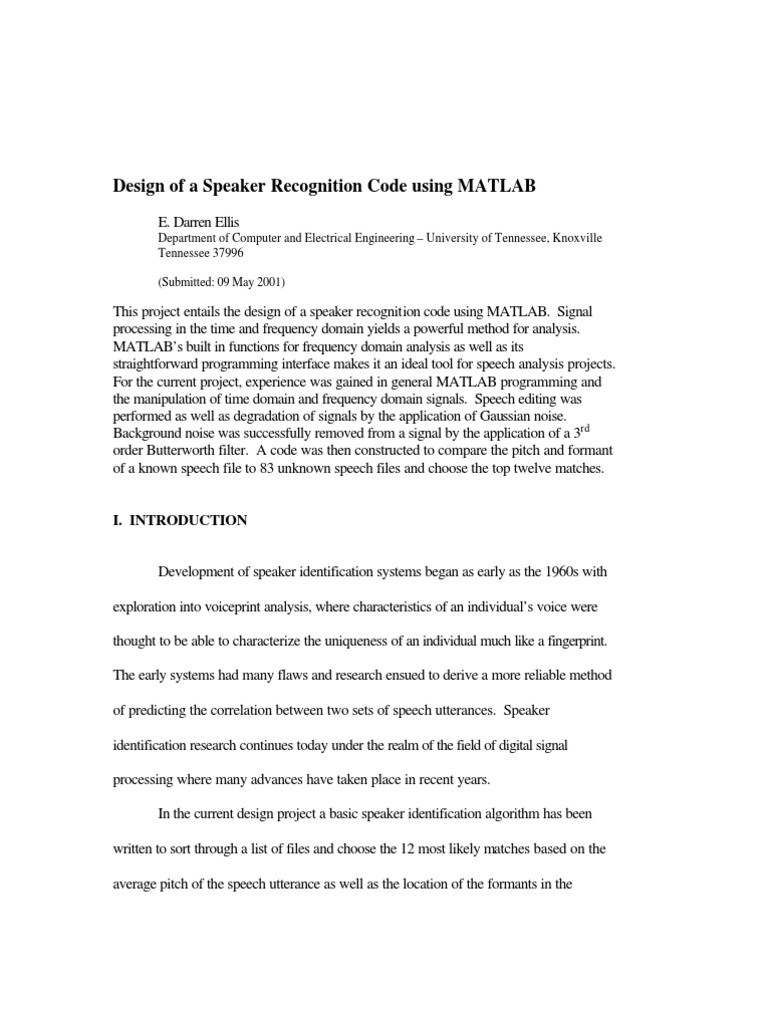 Design of A Speaker Recognition Code Using MATLAB | PDF