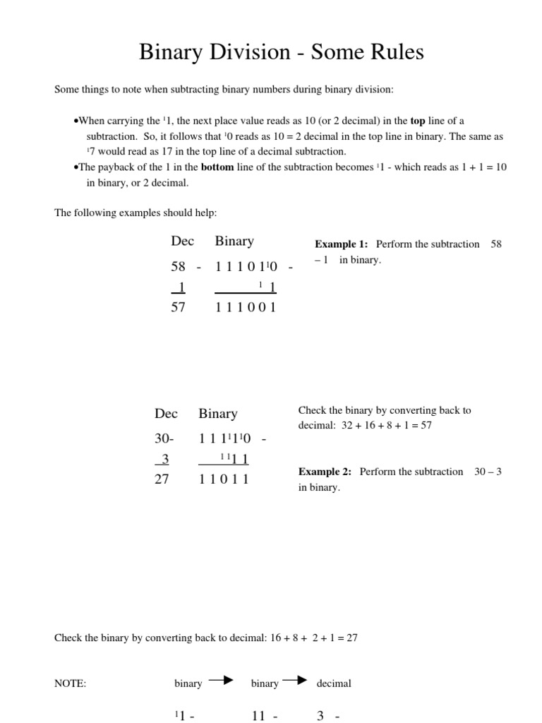 Binary Division Rules and Methods Understanding the Process of Dividing Binary Numbers PDF
