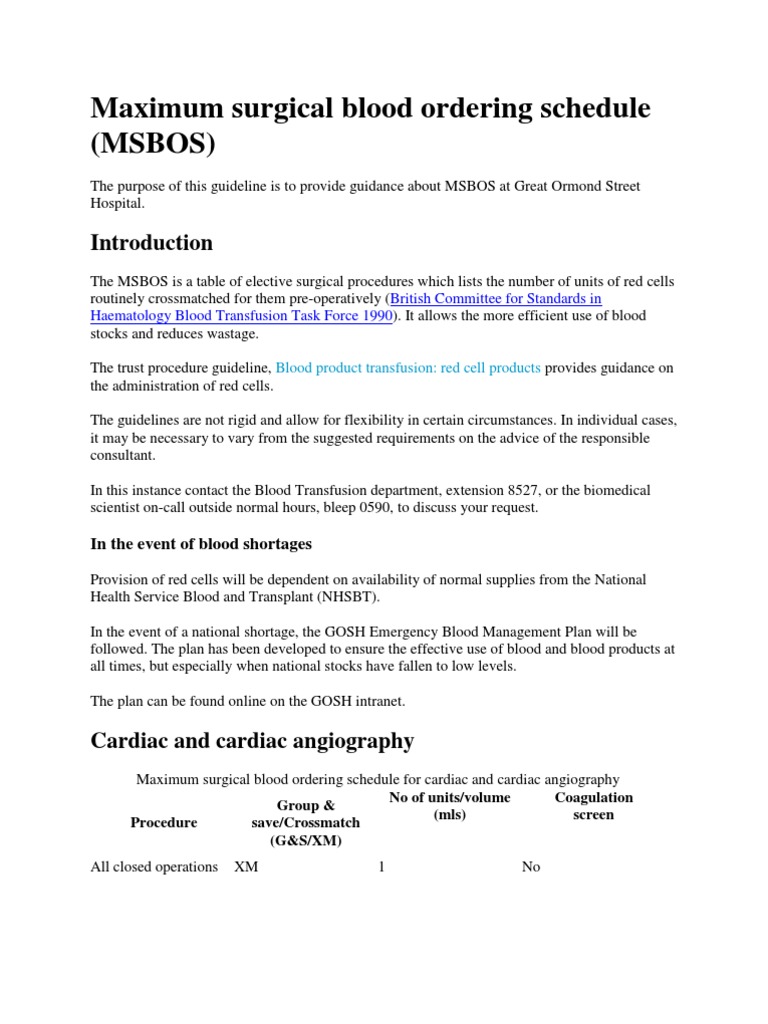 Maximum Surgical Blood Ordering Schedule Transfusión de sangre