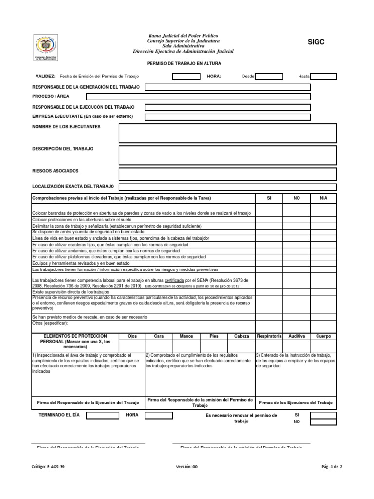 Formato Permiso de Trabajo en Alturas