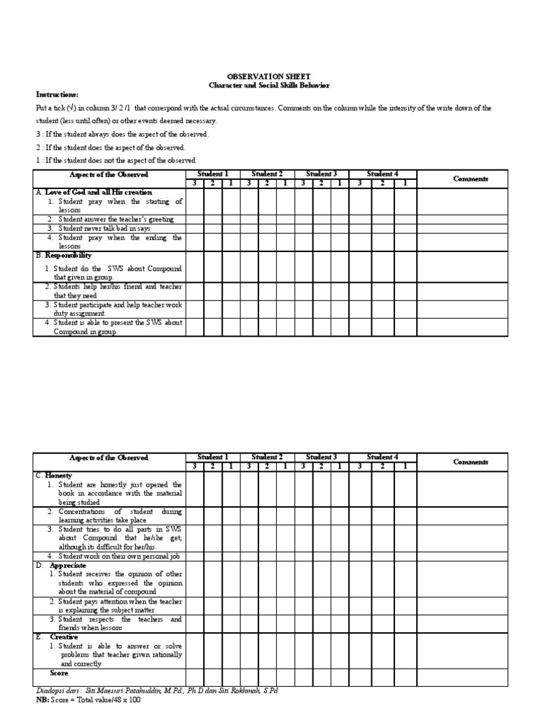 teacher observation worksheet