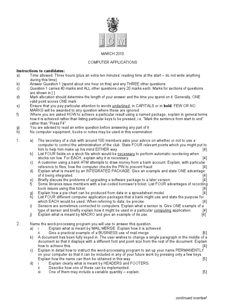 Instructions To Candidates:: Continued Overleaf | PDF | Spreadsheet ...