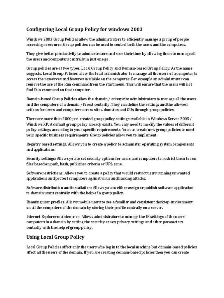 Configuring Local and Domain-Based Group Policies in Windows 2003 to ...