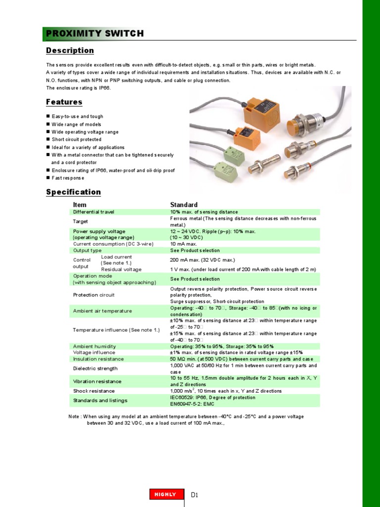 Proximity Switch Specifications Guide | PDF