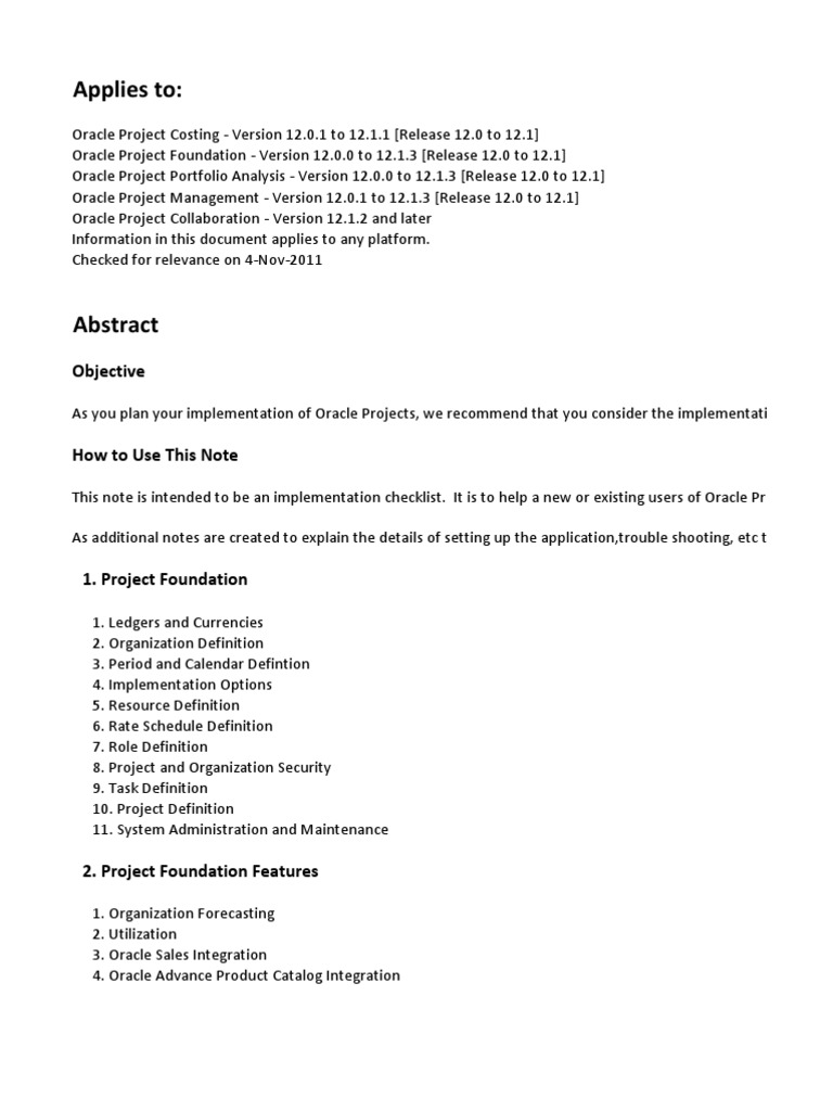 Oracle Projects Implementation Checklist | PDF | Invoice | Oracle Database