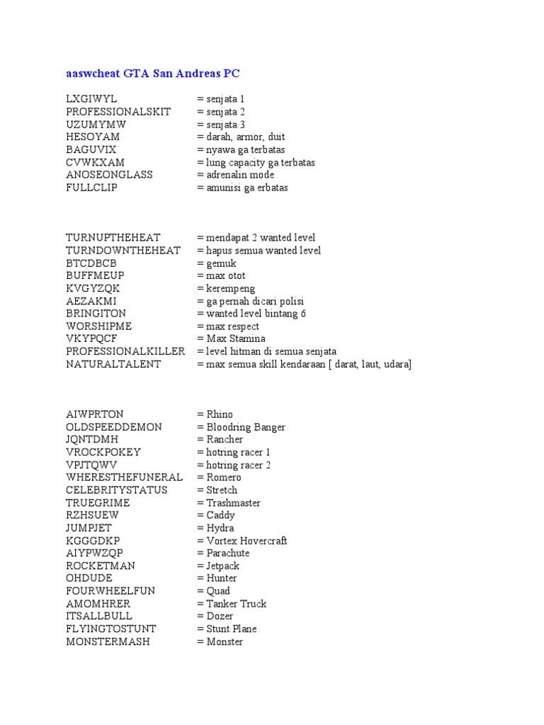 Cheat GTA San Andreas PC | PDF