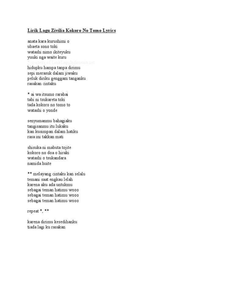 Lirik Lagu Zivilia Kokoro No Tomo Lyrics