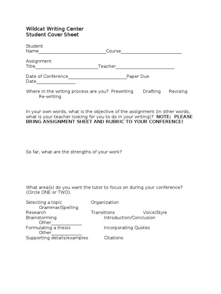 Writing Center Student Cover Sheet PDF