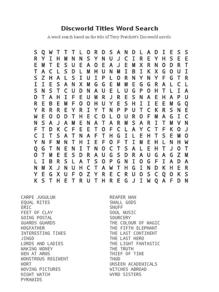 Discworld Word Search PDF Terry Pratchett Fantasy Worlds