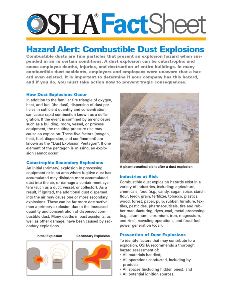 OSHAcombustibledust Fact Sheet March08 | PDF | Explosion | Dust