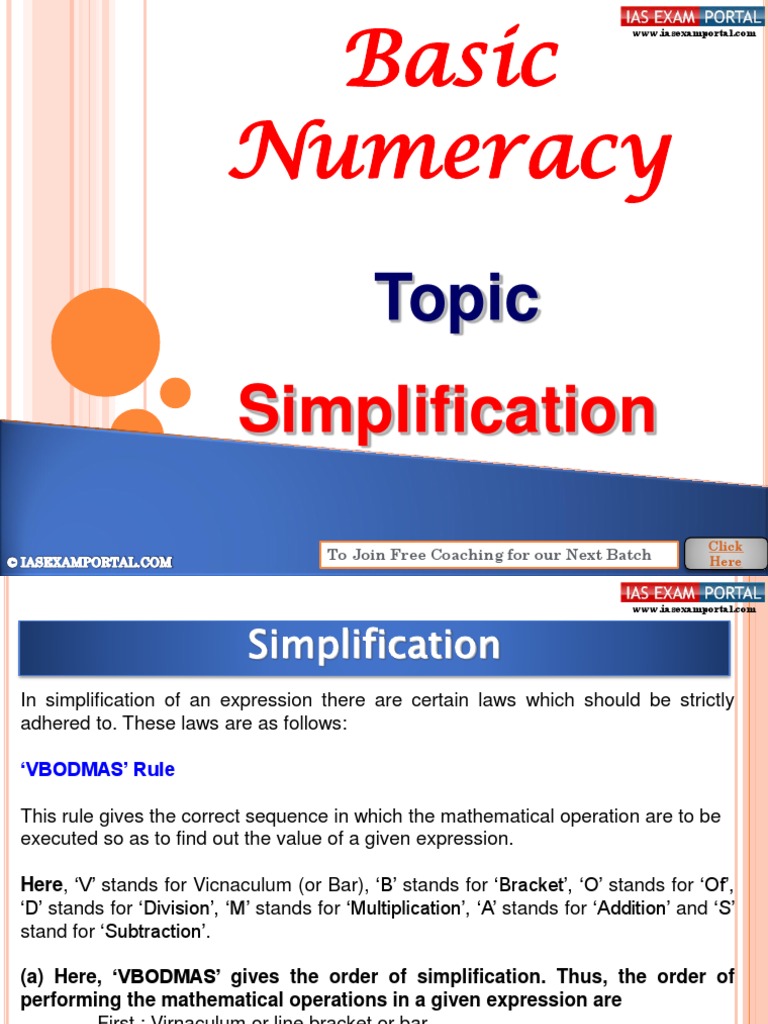 Basic Numeracy Simplification | PDF | Bracket | Mathematical Problem ...