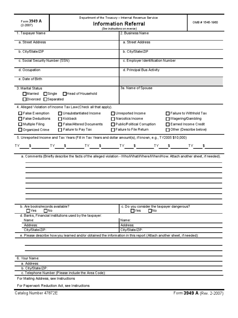 IRS Tax Fraud Reporting f3949a Internal Revenue Service Taxation In
