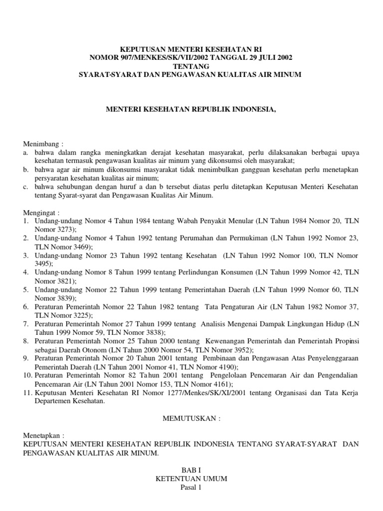 Standar Baku Mutu Air Minum Menkes - 907