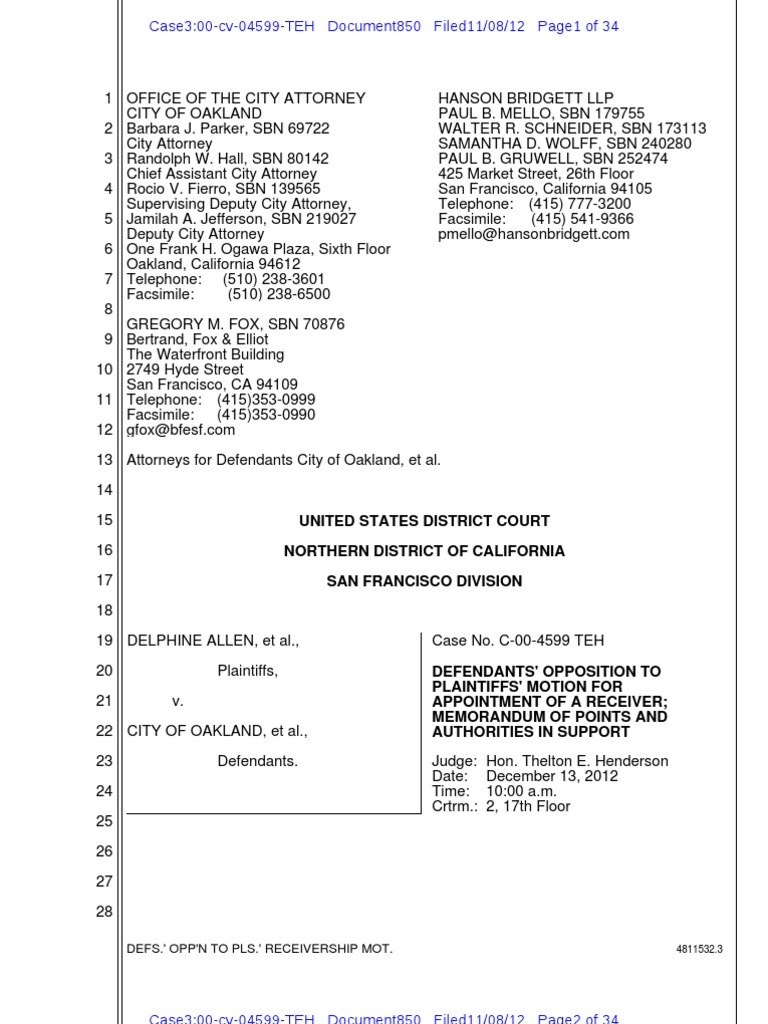 City of Oakland Nov 8 Opposition to Receivership Motion Receivership Lawsuit Free 30day