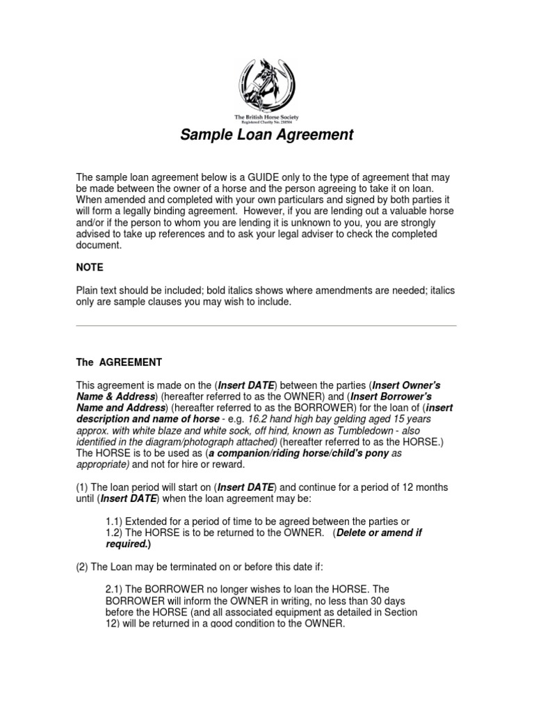 Sample Loan Agreement Insurance Horses
