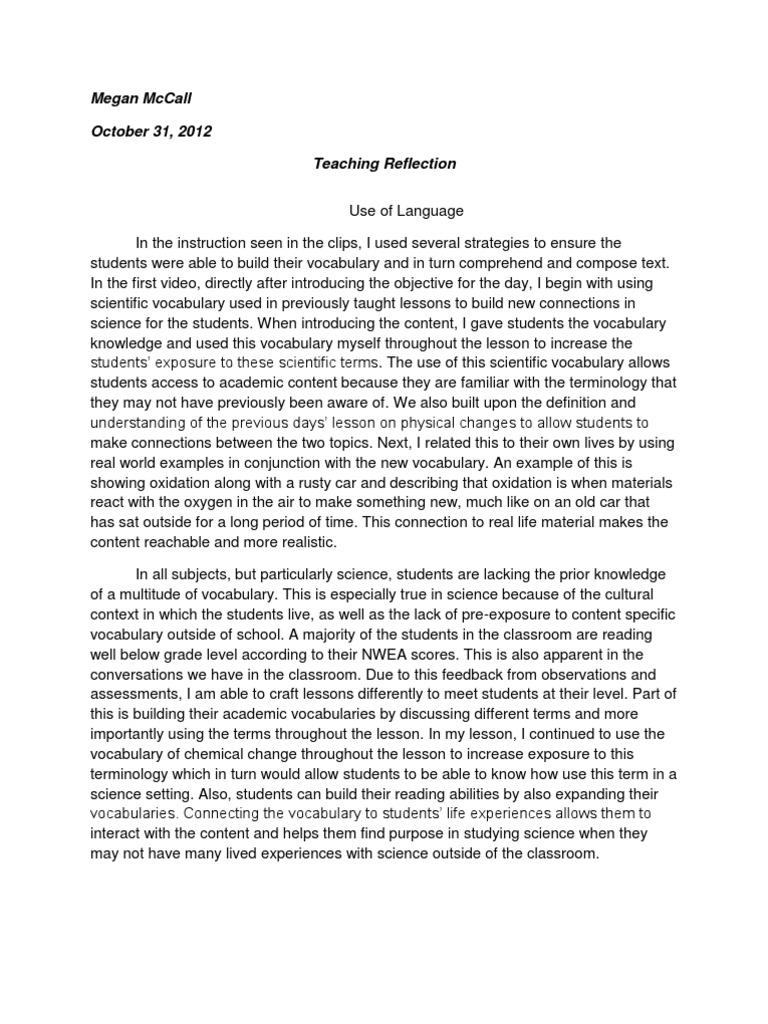 Chemical Changes Teaching Reflection | PDF | Vocabulary | Science