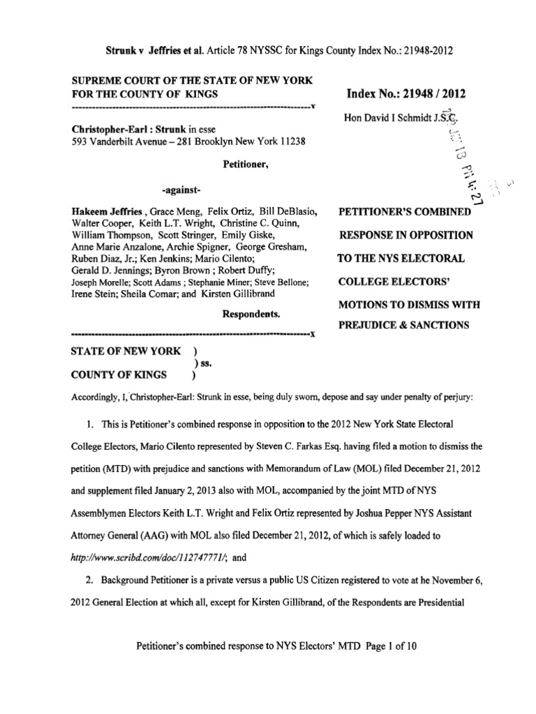 RESPONDENTS MOTION TO DISMISS in Re NOTE OF ISSUE With Certifcate of  Readiness For Trial in Re NOTICE of PETITION INDEX No.: 21948/2012 | PDF |  Service Of Process | Barack Obama Citizenship Conspiracy Theories