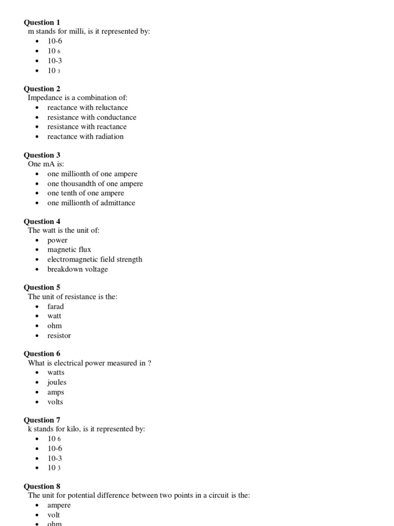 Electrical basic test with answers Volt Watt