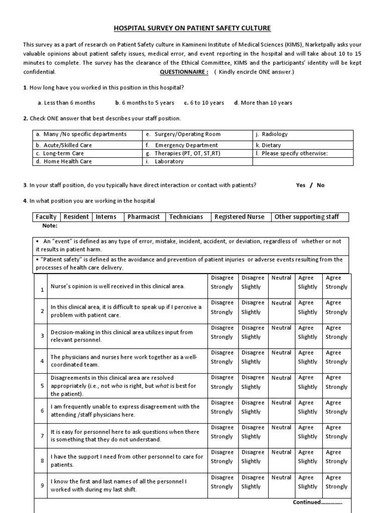 Hospital Survey On Patient Safety Culture Questionnaire PDF Patient