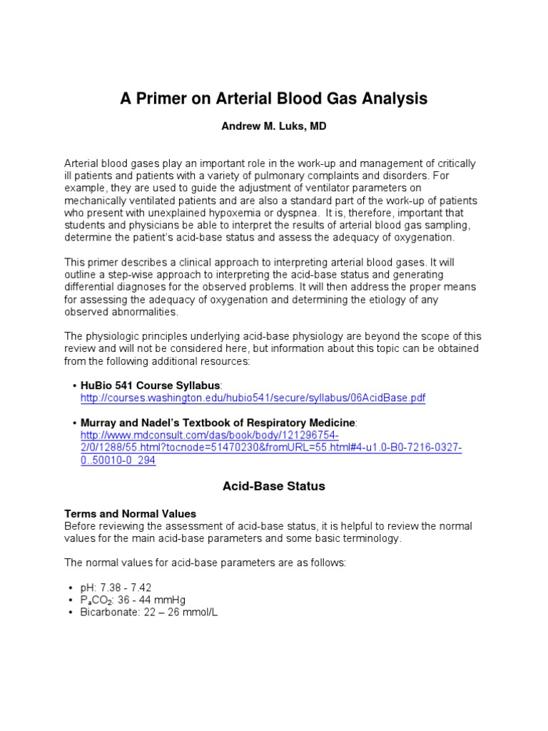 Arterial Blood Gas Interpretation Guide | PDF | Physiology | Medicine