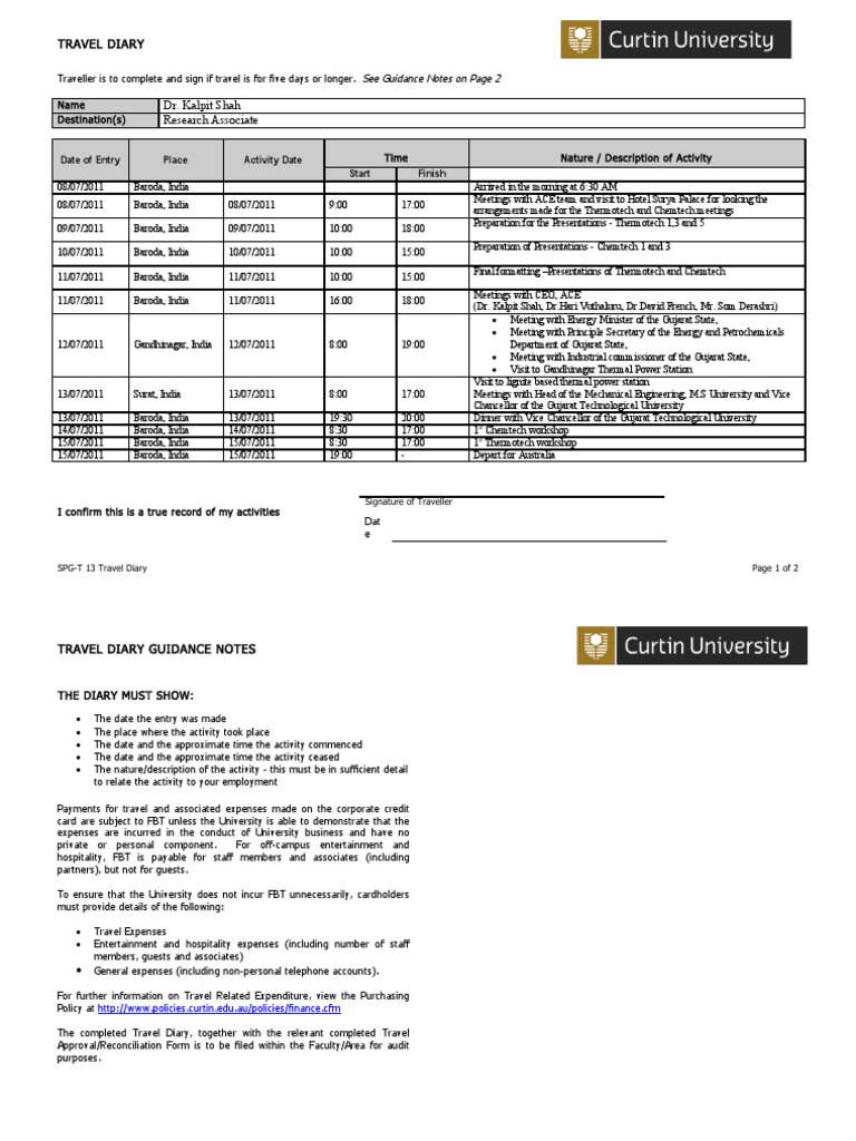 Employee Travel Diary Template | PDF | Gujarat | Expense