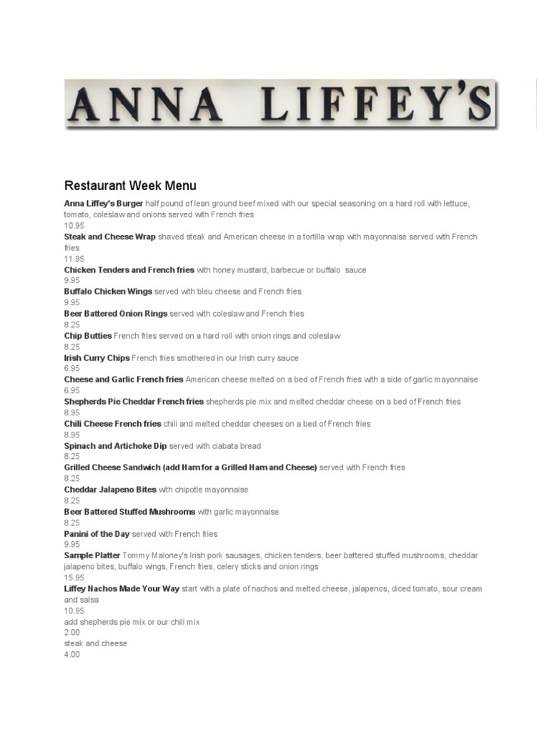 Anna Liffey S Restaurant Week Menu Nov 11, 2012 | PDF