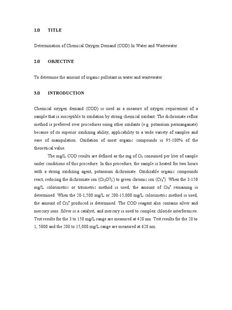 Determination of Chemical Oxygen Demand in Water and Wastewater Samples