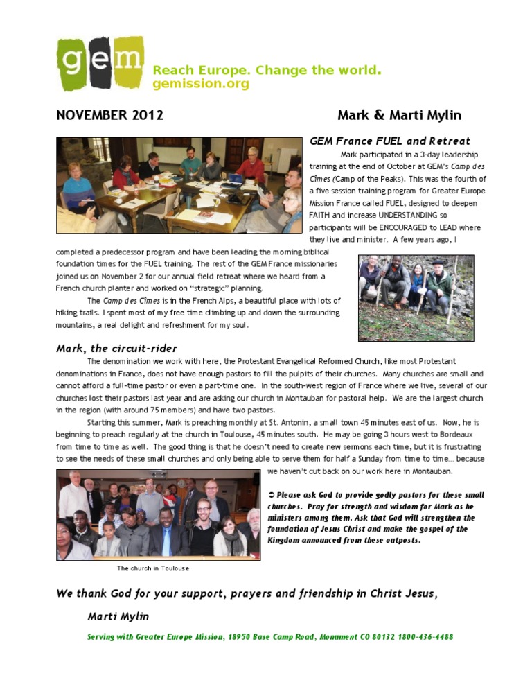 November 2012 Prayer Letter | PDF | Mission (Christianity) | Pastor