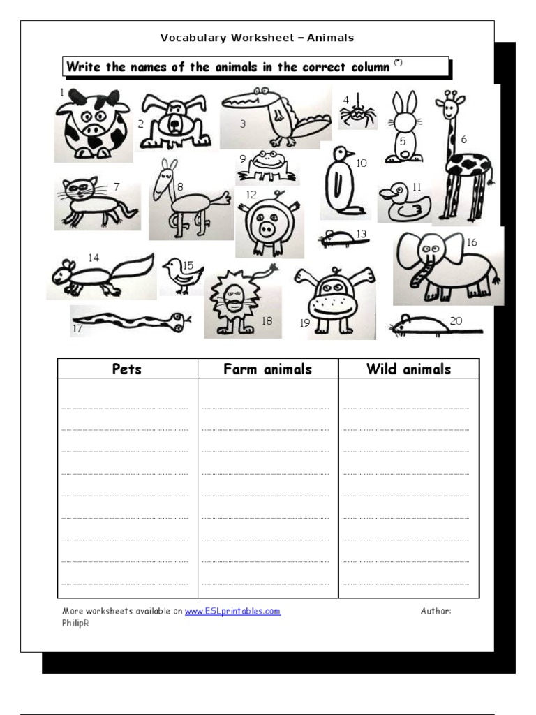 vocabulary worksheet animals pdf