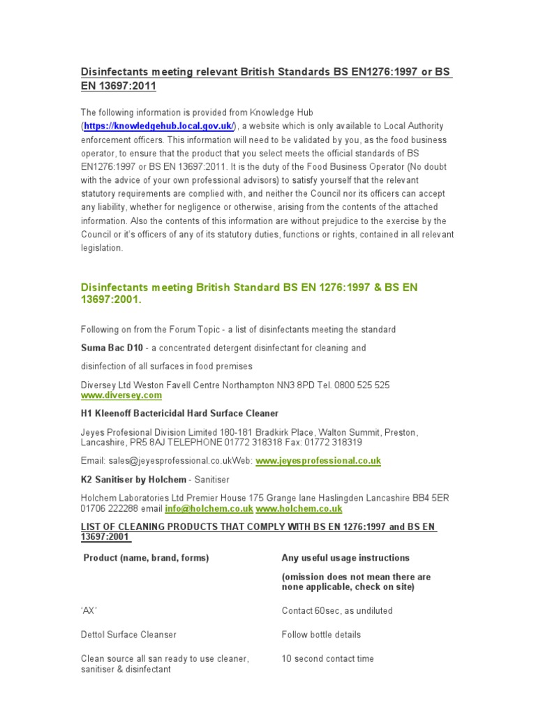 Disinfectants Meeting British Standard As of 23 July 2012 PDF