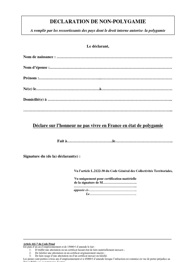 Déclaration Sur L Honneur De Non Polygamie Pdf