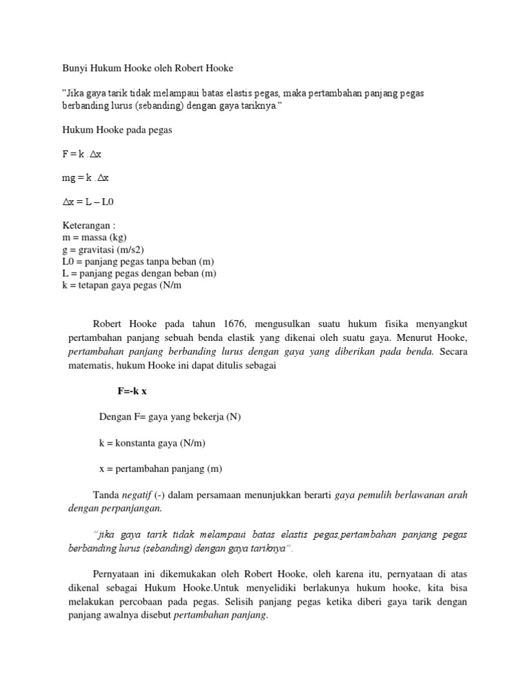 Bunyi Hukum Hooke Oleh Robert Hooke Jika Gaya Tarik Tidak Melampaui Batas Elastis Pegas Maka