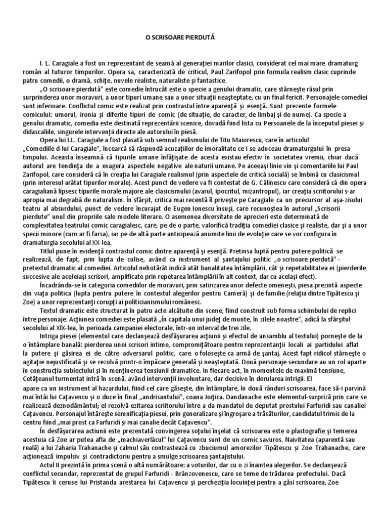 I.L.Caragiale - O Scrisoare Pierduta (Comentariu - BAC)
