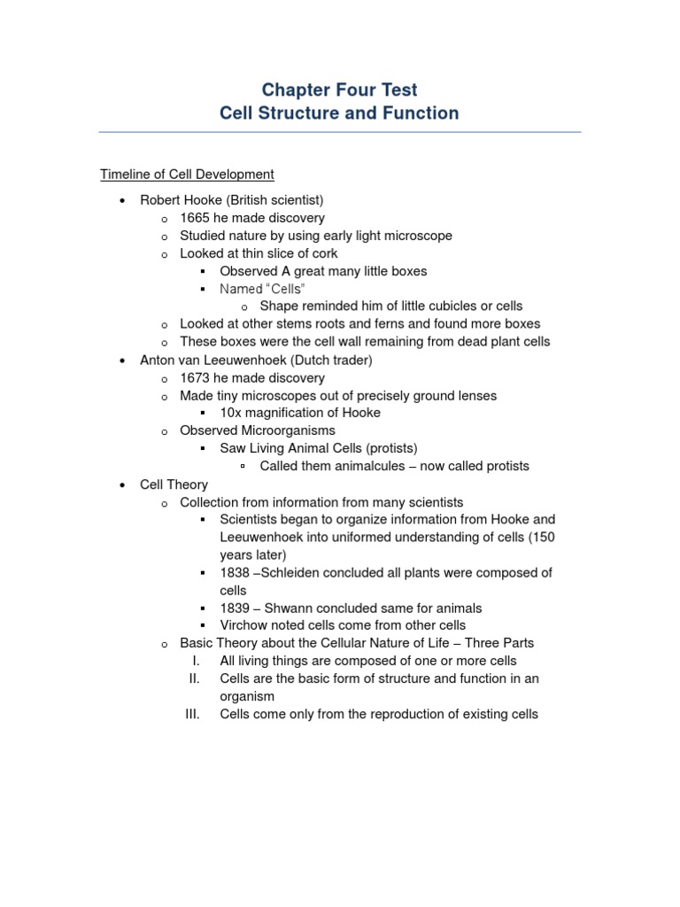 Chapter Four Test - Cell Structure and Function | Download Free PDF ...