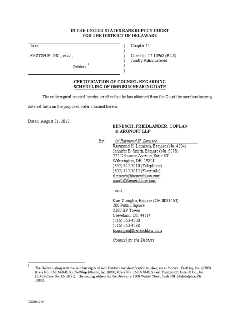 In The United States Bankruptcy Court For The District of Delaware ...