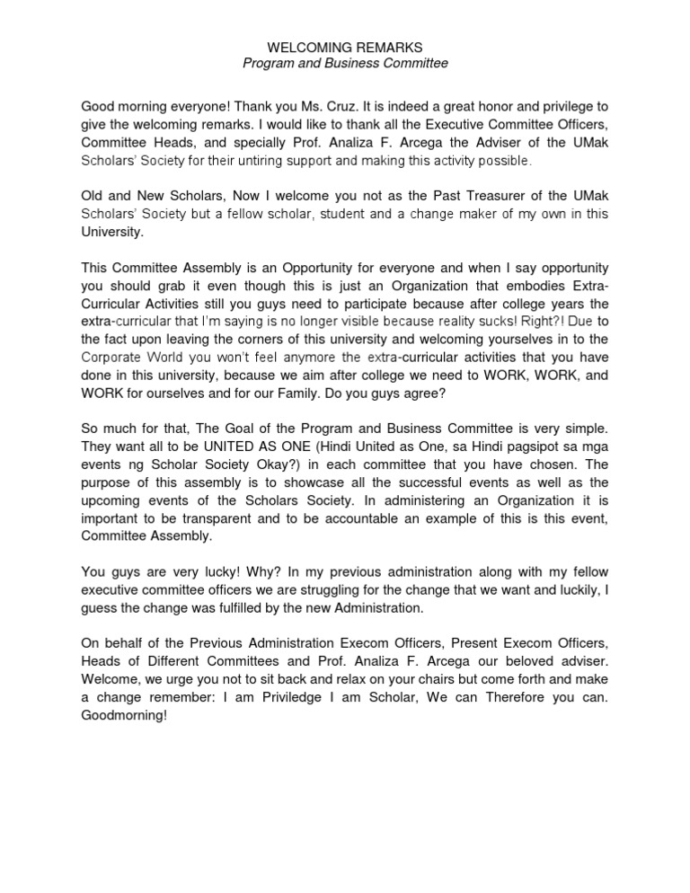 Welcoming Remarks (Committee Assembly) | PDF