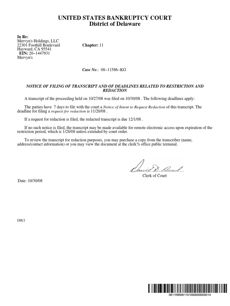 United States Bankruptcy Court District of Delaware in Re EIN 20