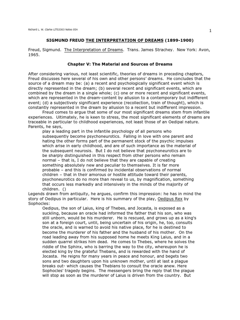 Sigmund Freud The Interpretation of Dreams (18991900) Richard L. W. Clarke LITS3303 Notes 05A