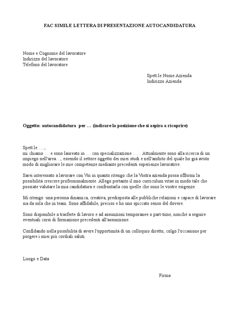 Lettera Di Presentazione Autocandidatura