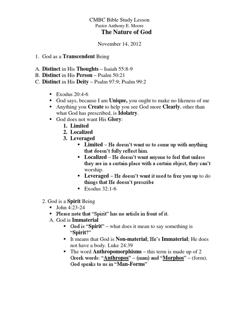 Bible Study Outline The Nature of God Spirit Being 111412 | PDF