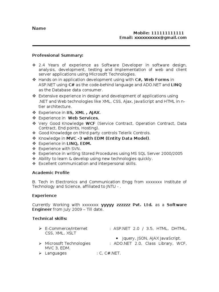 Resume Sample Resume For Net Developer Fresher sample resume perfect microsoft net 2 years experience sql server ajax programming