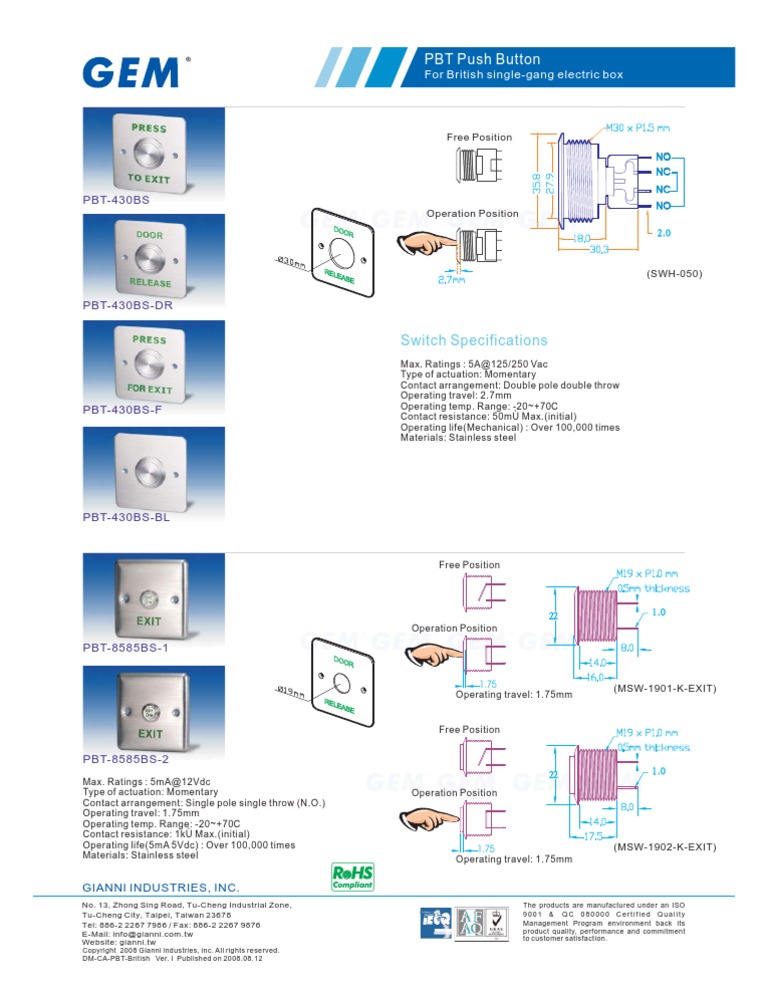 PBT-430BS Push Button Specifications | PDF | Technology & Engineering