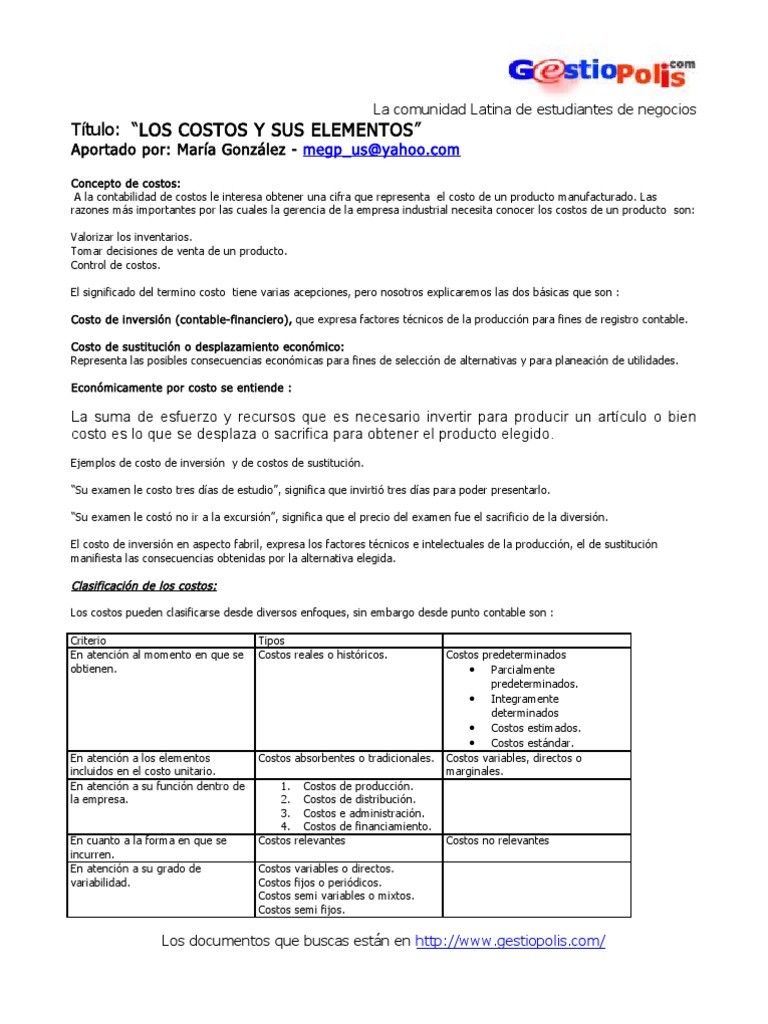 Clasificación y Elementos de Costos | PDF | Costo | Presupuesto