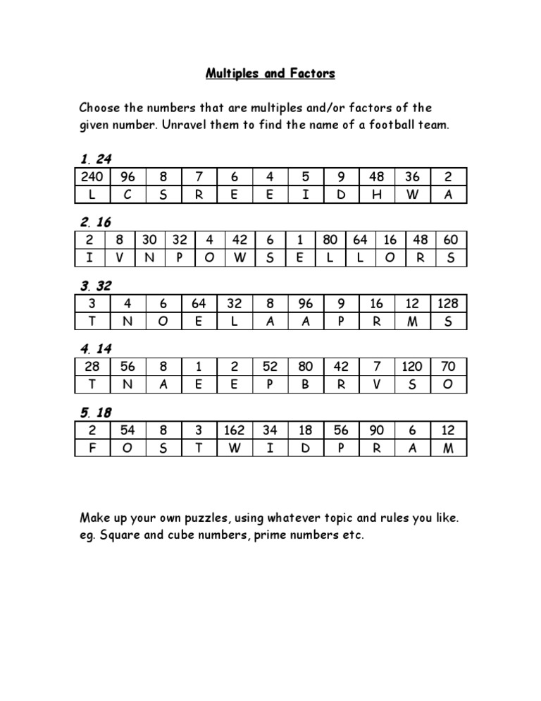 Multiples and Factors Football Teams PDF