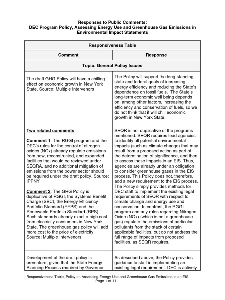 Responsiveness Table, Policy On Assessing Energy Use and Greenhouse Gas ...