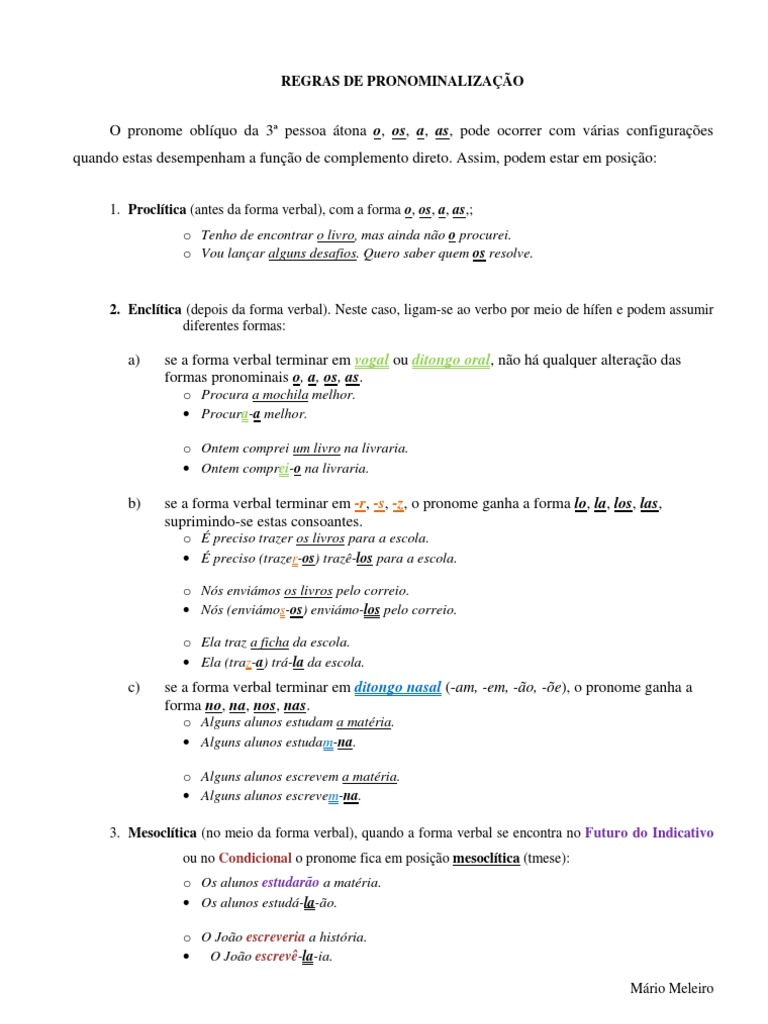 Pronominalizacao Regras PDF, PDF, Pronome