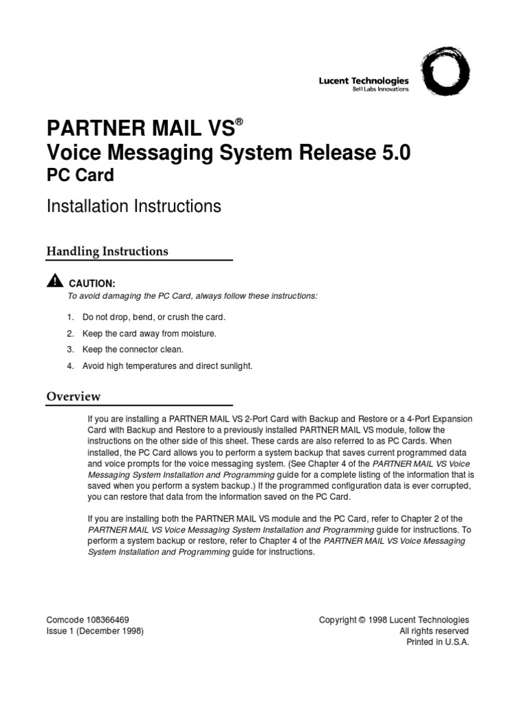 Avaya PARTNER MAIL VS® R5.0 PC Card Installation PDF Voicemail Backup