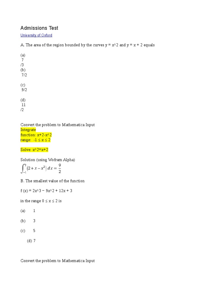 Oxford Admissions Test Math Problems | PDF